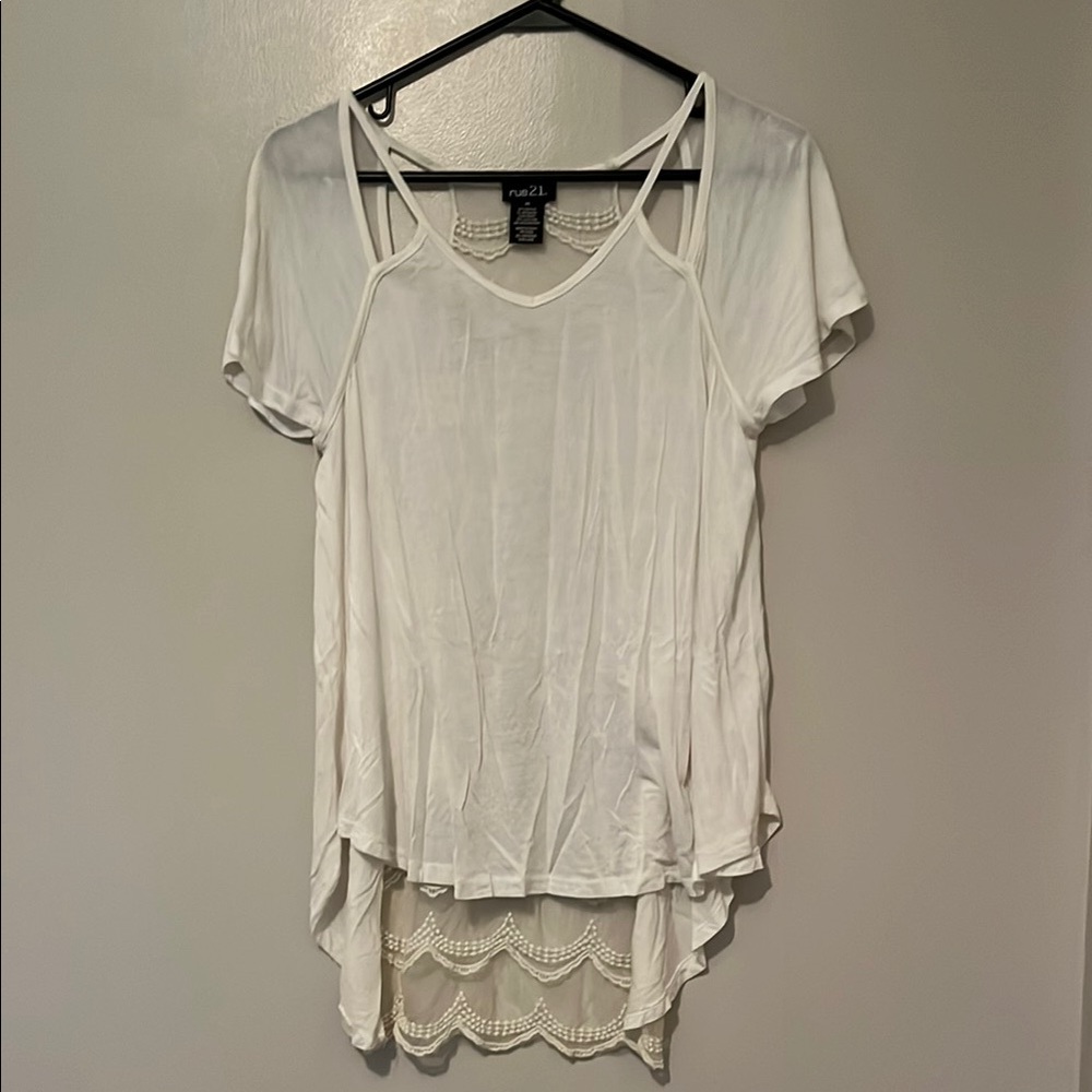 Rue21 Cream Asymmetrical Layered Top Medium with lace back